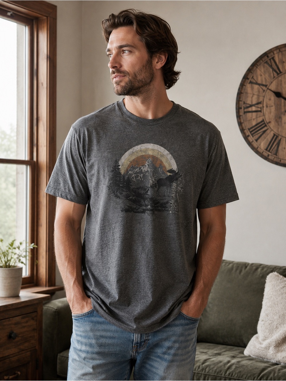 Rustic Ridge Tshirt showing an Elk-Charcoal Mountain Graphic Tee for Men